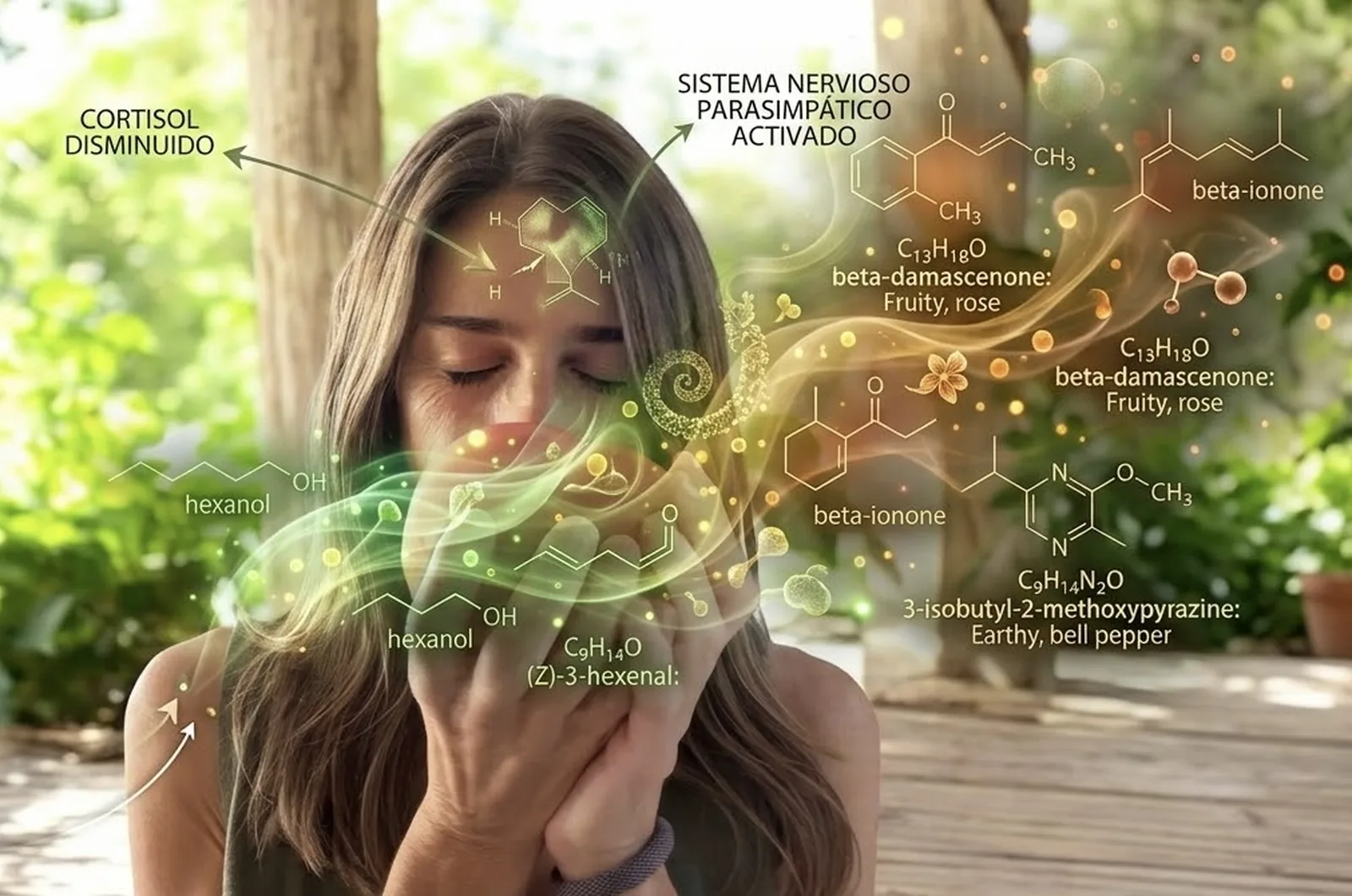 Mujer oliendo un aroma con moléculas aromáticas ilustradas: nutrición sensorial y activación del sistema nervioso parasimpático