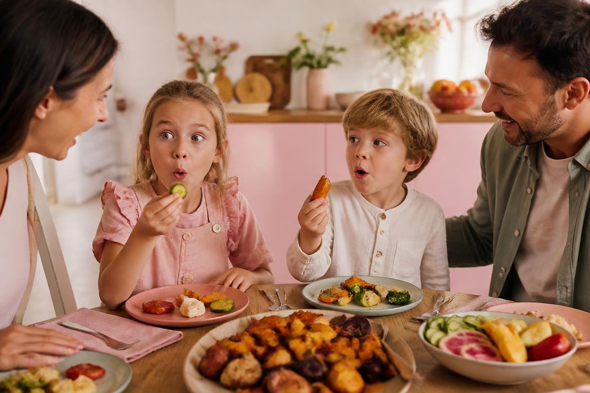 Niños con cara de sorpresa probando verduras de colores en la mesa