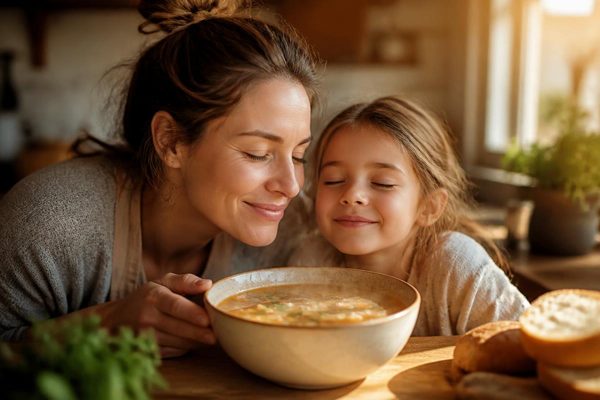 Madre e hija oliendo con los ojos cerrados un cuenco de sopa casera recién hecha